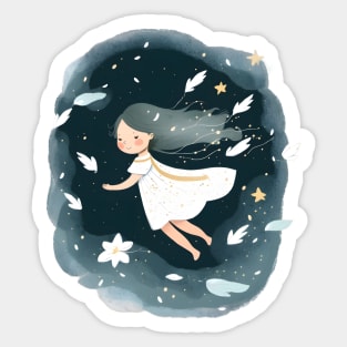 Ethereal White Dress Girl Soaring Amongst Stars and Flowers Sticker